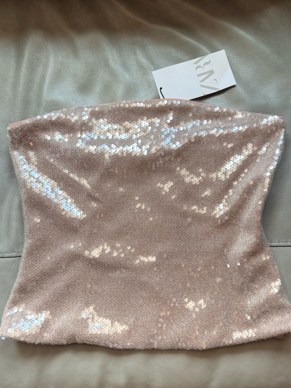 Zara Sequin Strapless Crop Top in beige NWT large